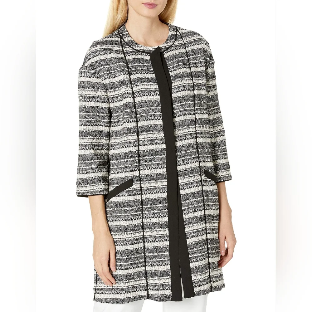 Anne Klein Black,Gray,White Striped Tweed Long Jacket, Black Trim, Size XL - Picture 2 of 12